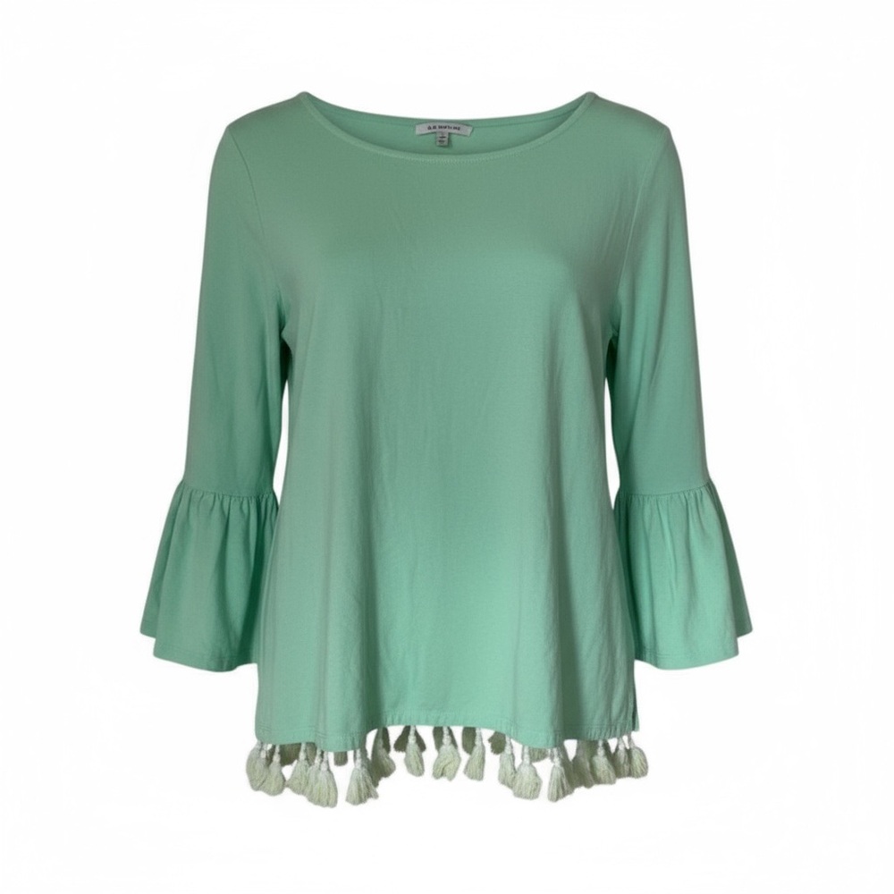 Crown & Ivy Green Ruffle Bell Sleeve Tassel Hem Tunic Top Small Boho